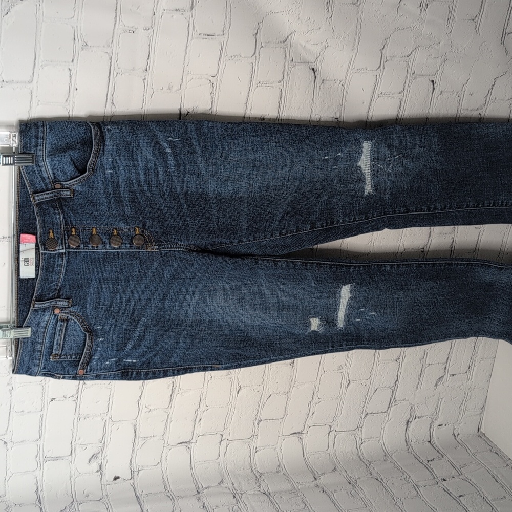 Cabi Button Fly Straight Leg Distressed Jeans